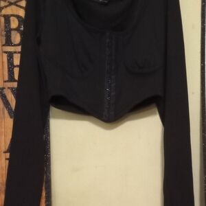 Shein Ribbed Corset Hooks Up Front Black Long Sleeve Women's Top